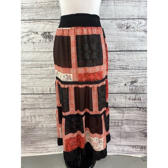 Langer Skirt sz Medium Dark Red Black Tiered Boho Lace Long Maxi Peasant Modest - Picture 3 of 14